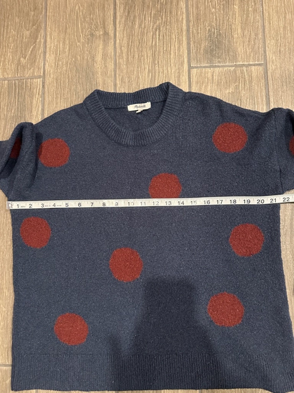 Madewell Navy Crewneck Sweater with Rust Polka Dots. Wool Blend. Size Small - Picture 5 of 8